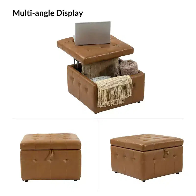 24-Inch Genuine Leather Tufted Square Ottoman with Storage