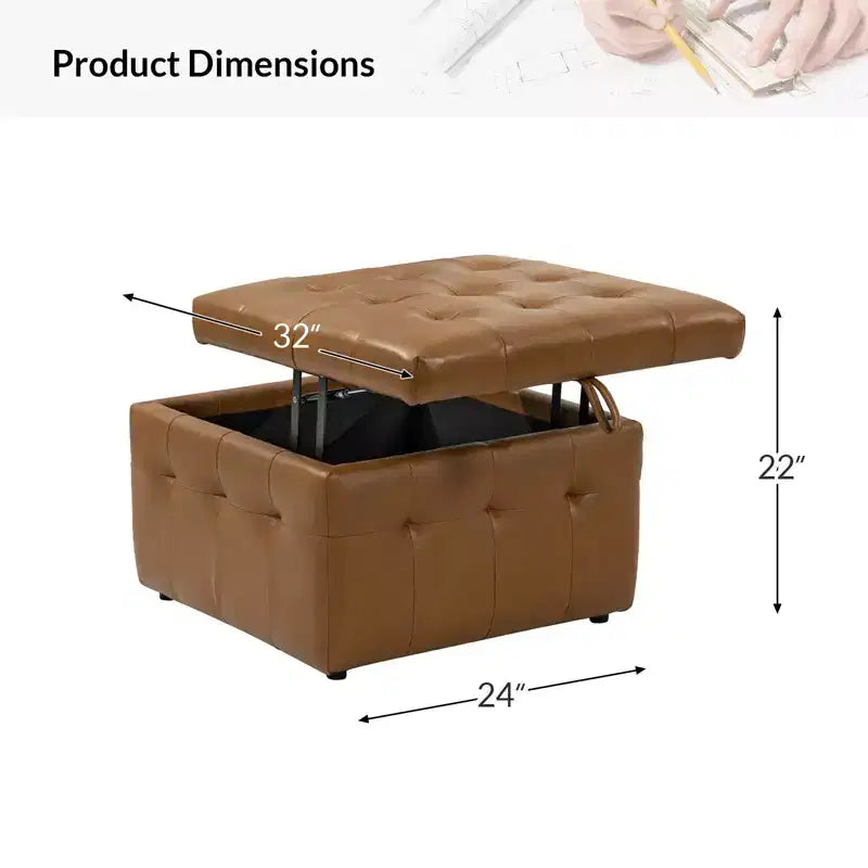 24-Inch Genuine Leather Tufted Square Ottoman with Storage