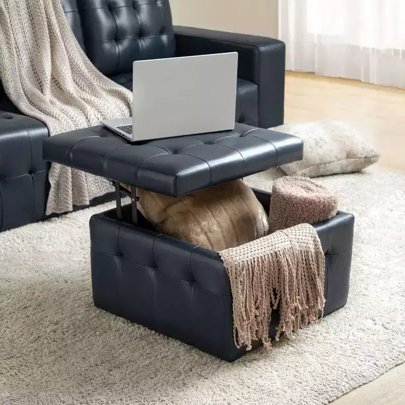 24-Inch Genuine Leather Tufted Square Ottoman with Storage