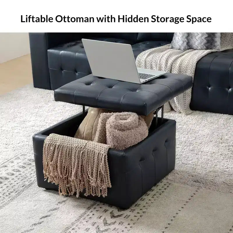 24-Inch Genuine Leather Tufted Square Ottoman with Storage