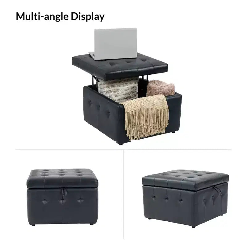 24-Inch Genuine Leather Tufted Square Ottoman with Storage