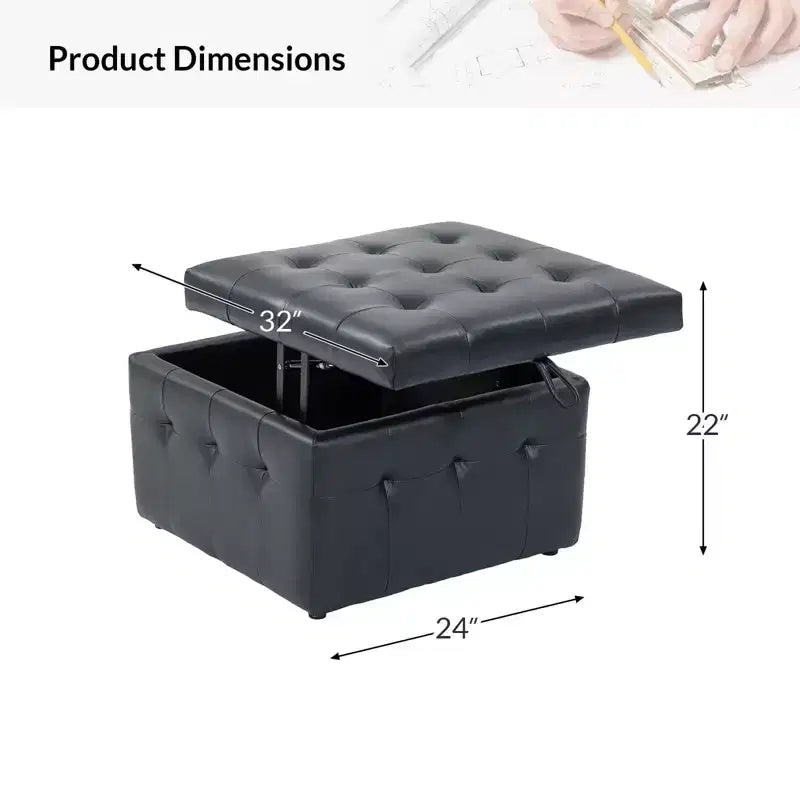 24-Inch Genuine Leather Tufted Square Ottoman with Storage