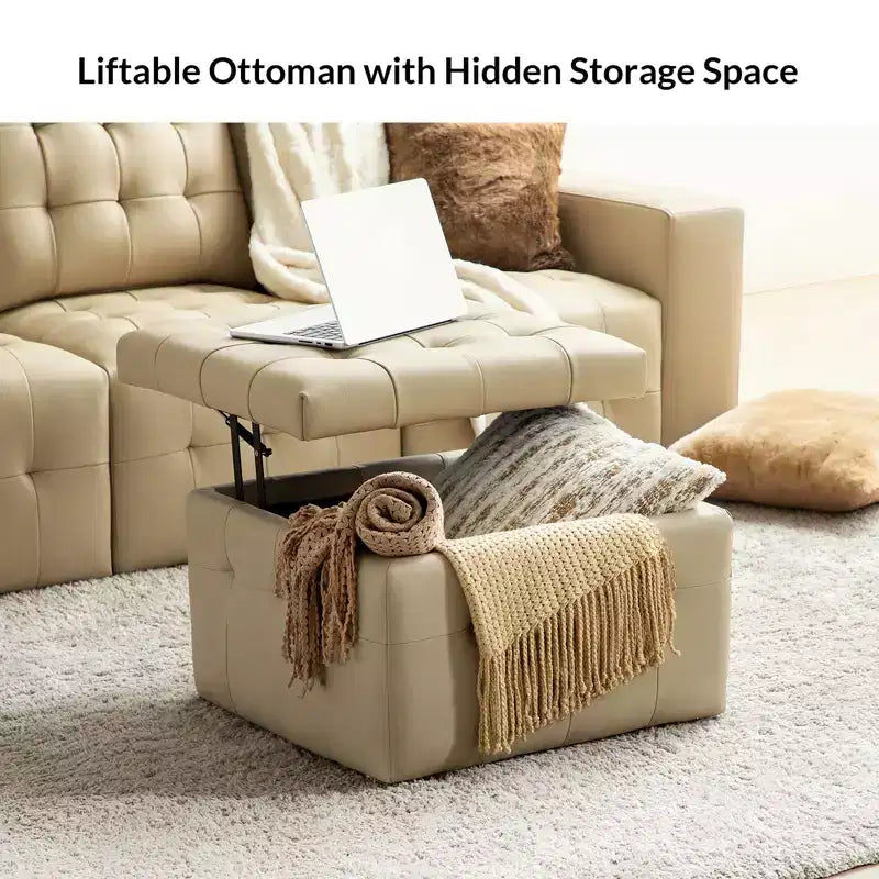 24-Inch Genuine Leather Tufted Square Ottoman with Storage