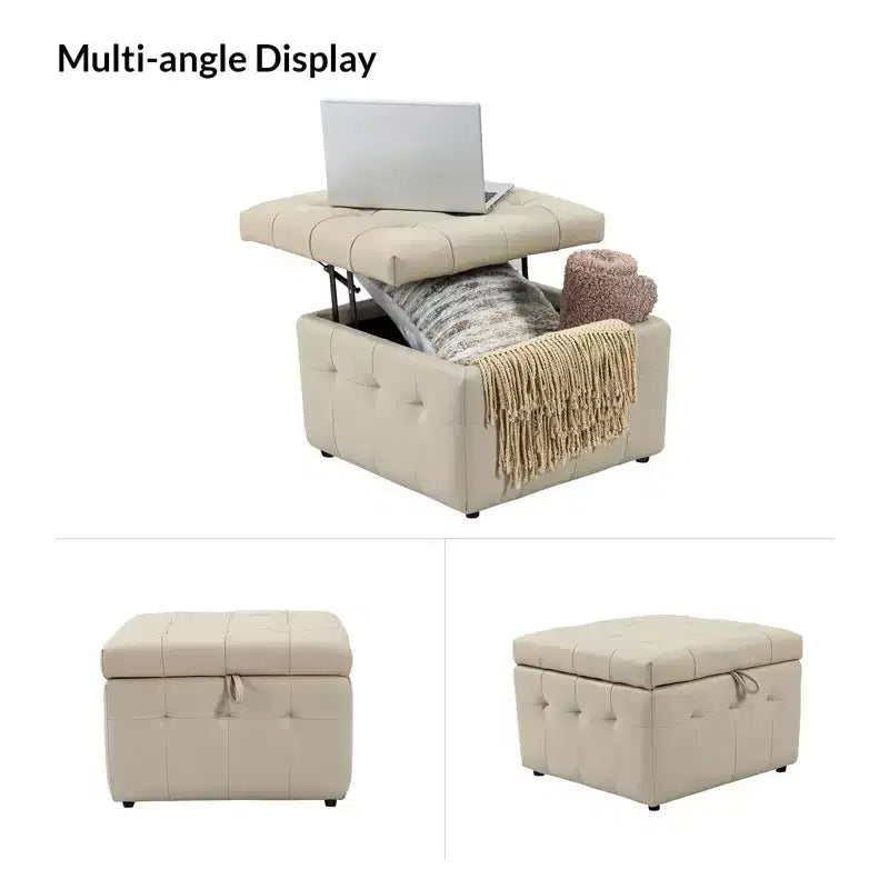 24-Inch Genuine Leather Tufted Square Ottoman with Storage