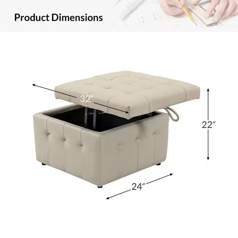 24-Inch Genuine Leather Tufted Square Ottoman with Storage