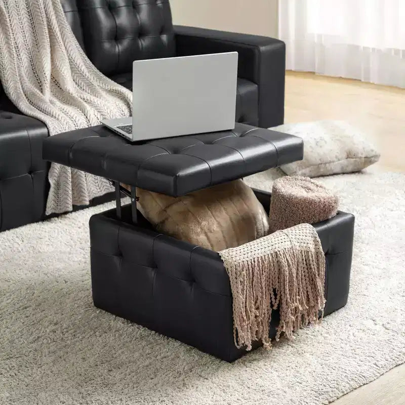 24-Inch Genuine Leather Tufted Square Ottoman with Storage