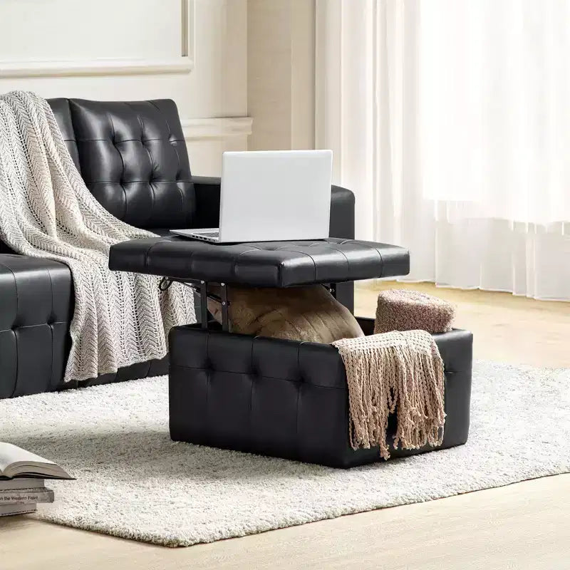 24-Inch Genuine Leather Tufted Square Ottoman with Storage