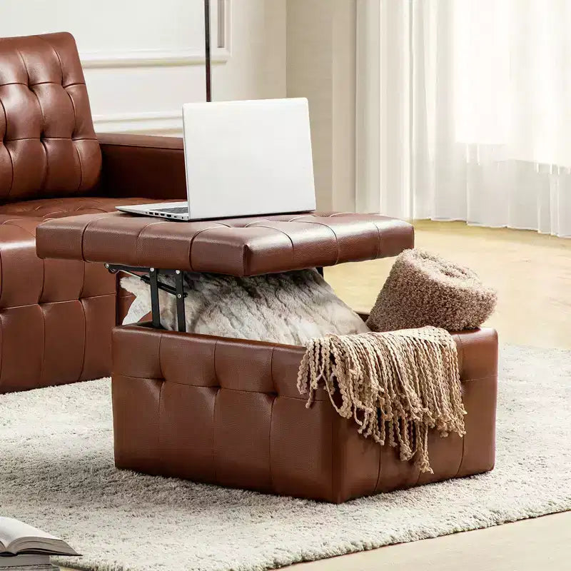 24-Inch Genuine Leather Tufted Square Ottoman with Storage