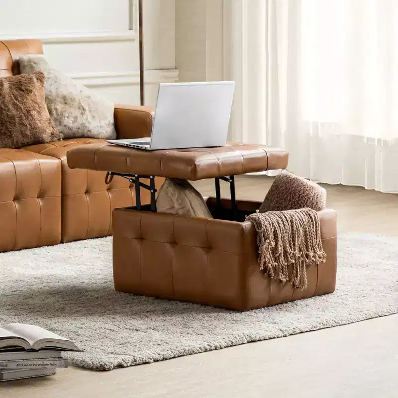 24-Inch Genuine Leather Tufted Square Ottoman with Storage
