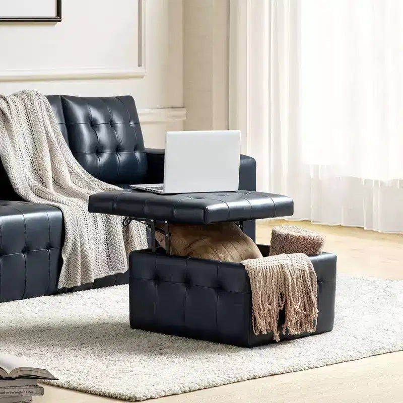 24-Inch Genuine Leather Tufted Square Ottoman with Storage