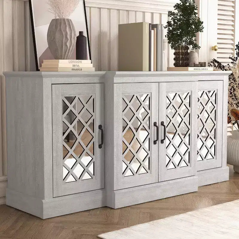4-Door Accent Sideboard with Mirrored Cut-Out Doors, 60.4"W x 18.2"D x 29.3"H