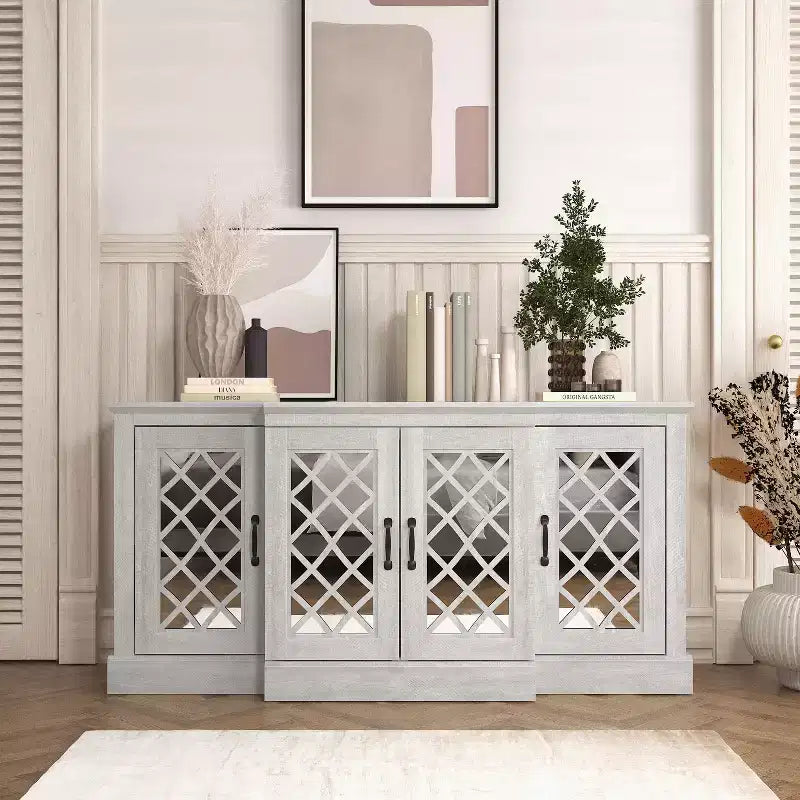4-Door Accent Sideboard with Mirrored Cut-Out Doors, 60.4"W x 18.2"D x 29.3"H