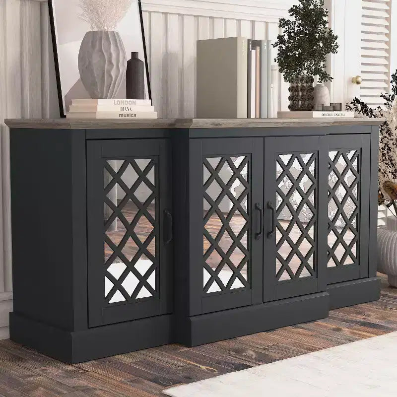 4-Door Accent Sideboard with Mirrored Cut-Out Doors, 60.4"W x 18.2"D x 29.3"H