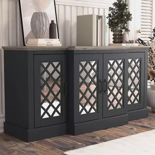 4-Door Accent Sideboard with Mirrored Cut-Out Doors, 60.4"W x 18.2"D x 29.3"H