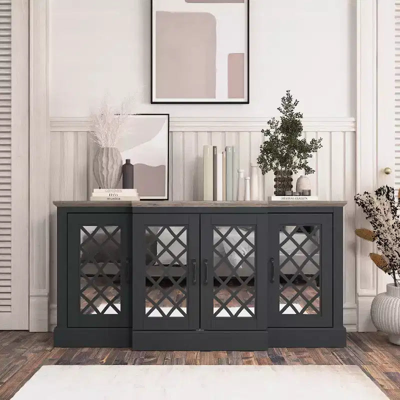 4-Door Accent Sideboard with Mirrored Cut-Out Doors, 60.4"W x 18.2"D x 29.3"H