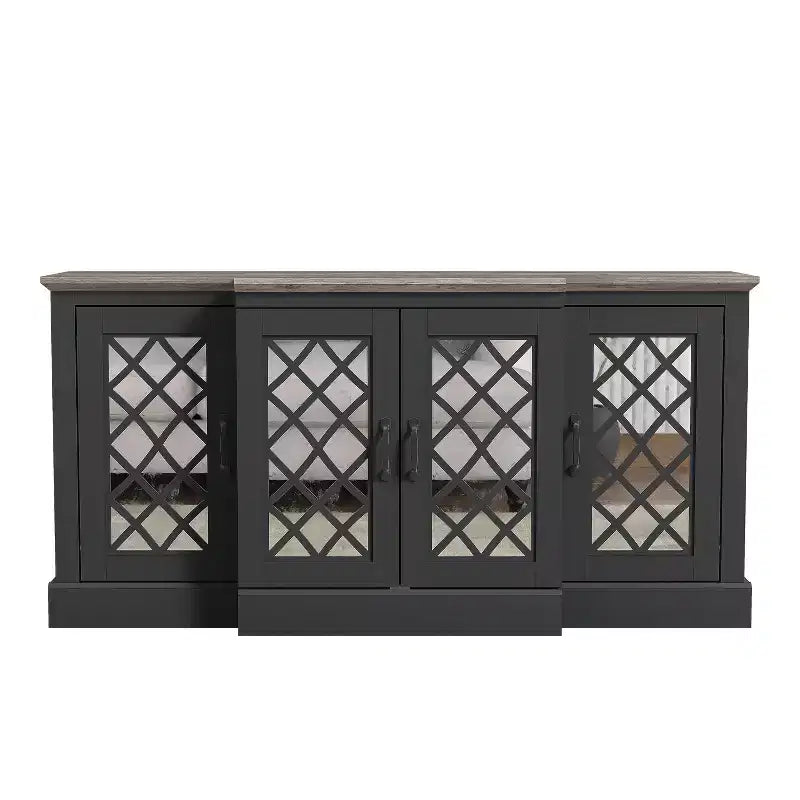 4-Door Accent Sideboard with Mirrored Cut-Out Doors, 60.4"W x 18.2"D x 29.3"H
