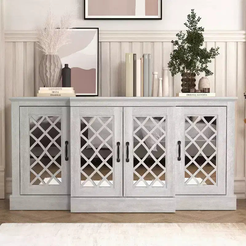 4-Door Accent Sideboard with Mirrored Cut-Out Doors, 60.4"W x 18.2"D x 29.3"H