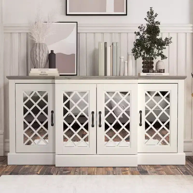 4-Door Accent Sideboard with Mirrored Cut-Out Doors, 60.4"W x 18.2"D x 29.3"H