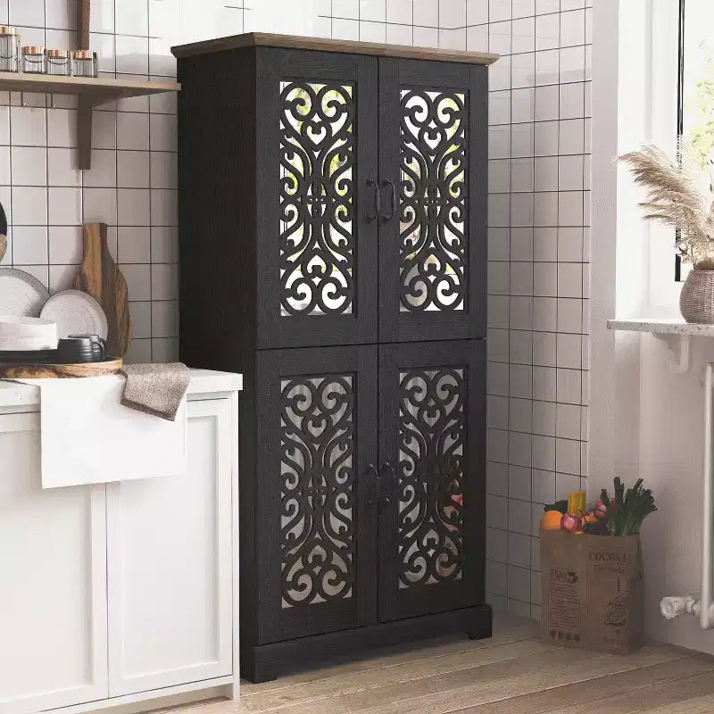 4-Door Kitchen Pantry Cabinet with Adjustable Shelves, 31.4"W x 15.7"D x 63.6"H