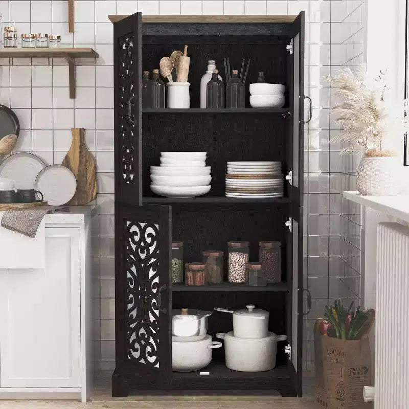 4-Door Kitchen Pantry Cabinet with Adjustable Shelves, 31.4"W x 15.7"D x 63.6"H