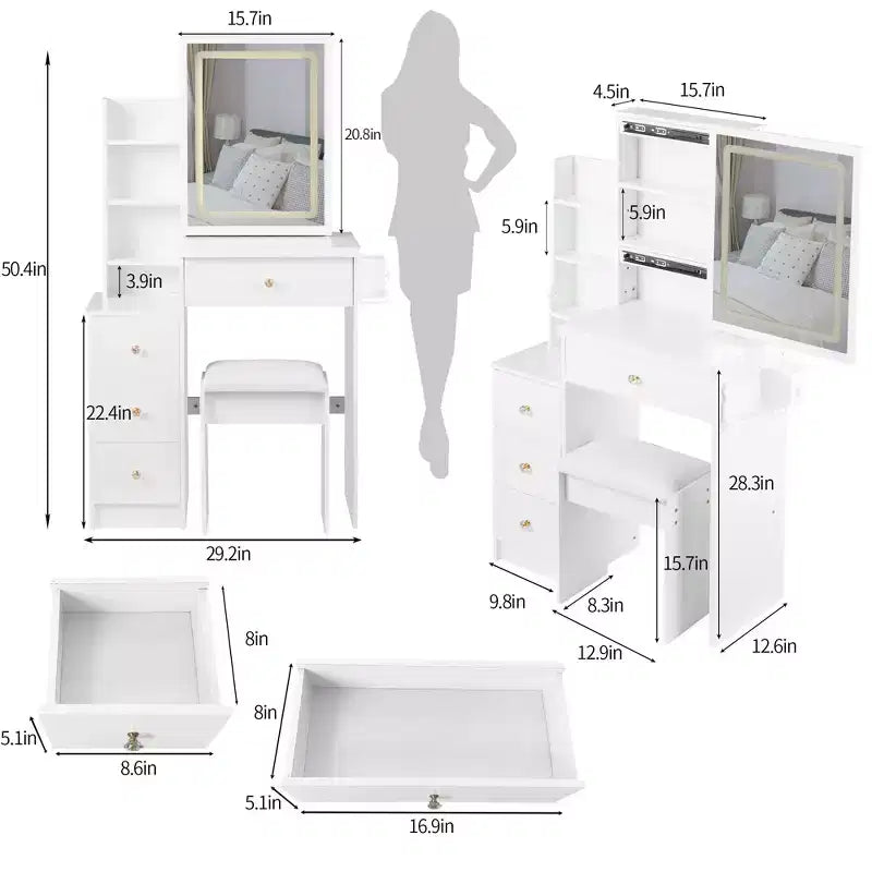 Vanity Desk with LED Mirror, 3-Color LED, Power Outlet, Cushioned Stool, Bedside Cabinet and Hair Dryer Bracket for Bedroom