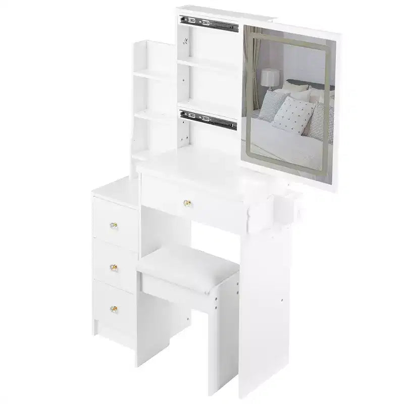 Vanity Desk with LED Mirror, 3-Color LED, Power Outlet, Cushioned Stool, Bedside Cabinet and Hair Dryer Bracket for Bedroom