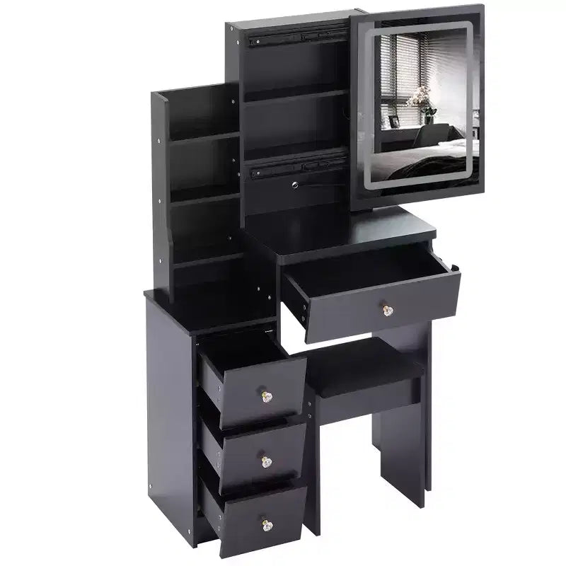 Vanity Desk with LED Mirror, 3-Color LED, Power Outlet, Cushioned Stool, Bedside Cabinet and Hair Dryer Bracket for Bedroom