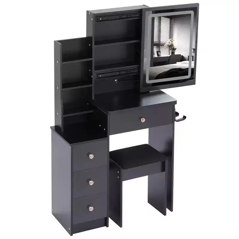 Vanity Desk with LED Mirror, 3-Color LED, Power Outlet, Cushioned Stool, Bedside Cabinet and Hair Dryer Bracket for Bedroom