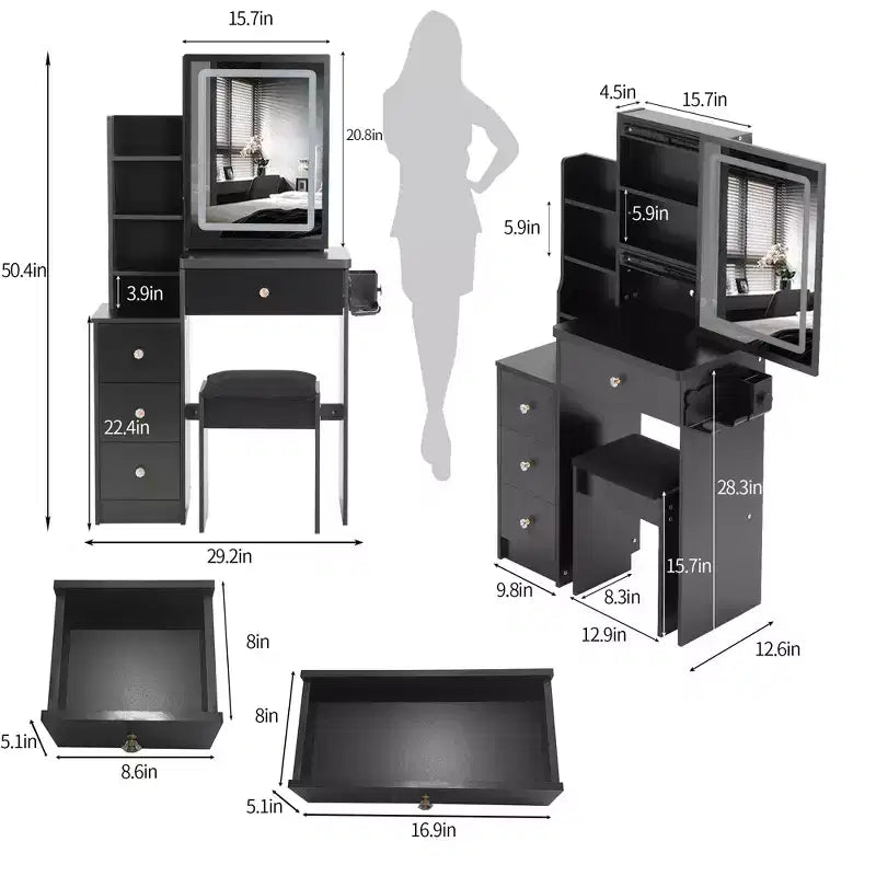 Vanity Desk with LED Mirror, 3-Color LED, Power Outlet, Cushioned Stool, Bedside Cabinet and Hair Dryer Bracket for Bedroom