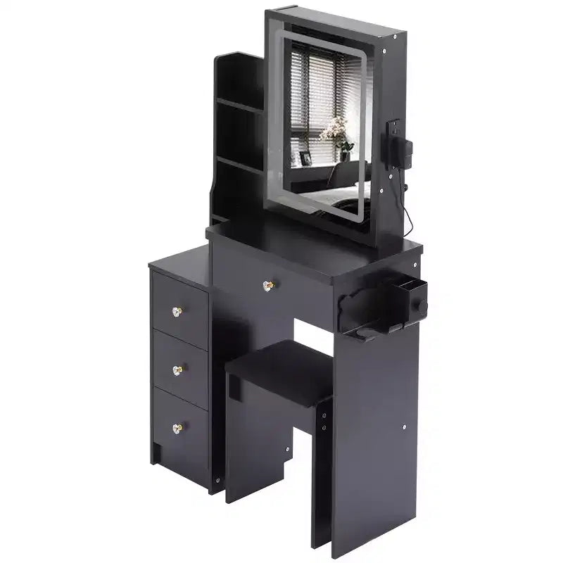 Vanity Desk with LED Mirror, 3-Color LED, Power Outlet, Cushioned Stool, Bedside Cabinet and Hair Dryer Bracket for Bedroom