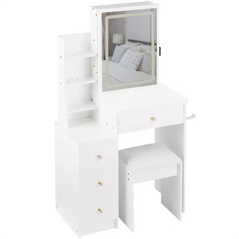 Vanity Desk with LED Mirror, 3-Color LED, Power Outlet, Cushioned Stool, Bedside Cabinet and Hair Dryer Bracket for Bedroom