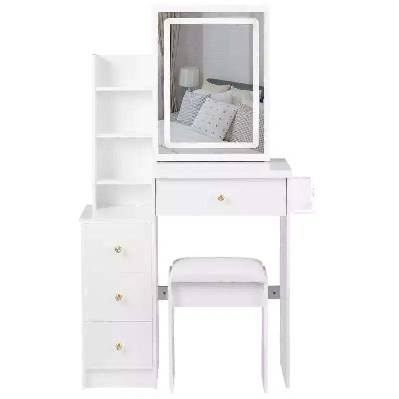 Vanity Desk with LED Mirror, 3-Color LED, Power Outlet, Cushioned Stool, Bedside Cabinet and Hair Dryer Bracket for Bedroom