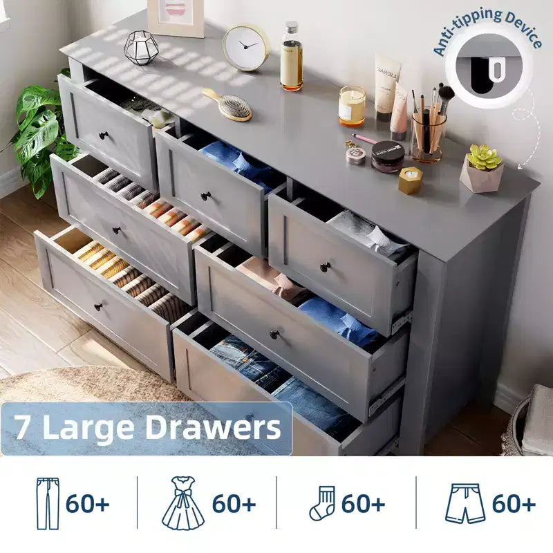 54-Inch 7-Drawer Handleless Dresser for Bedroom with Large Storage, Chest of Drawers and TV Stand for Living Room