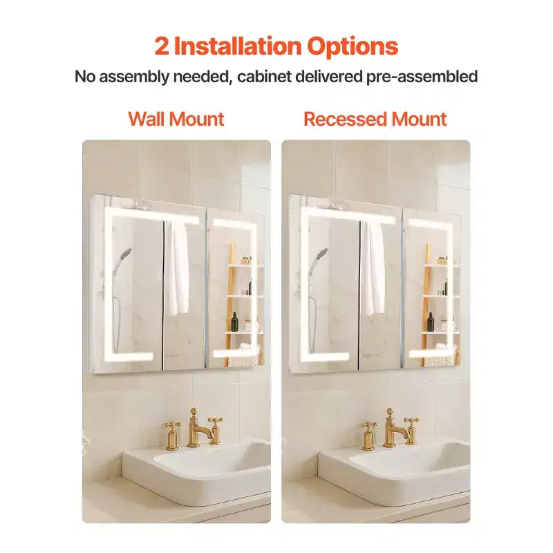 36x30-Inch Lighted Medicine Cabinet with Mirror, 3-Color Dimmable LED, Clock, Recessed or Wall Mount, White
