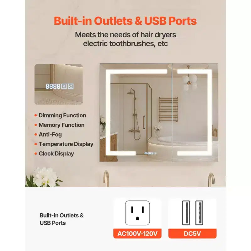 36x30-Inch Lighted Medicine Cabinet with Mirror, 3-Color Dimmable LED, Clock, Recessed or Wall Mount, White