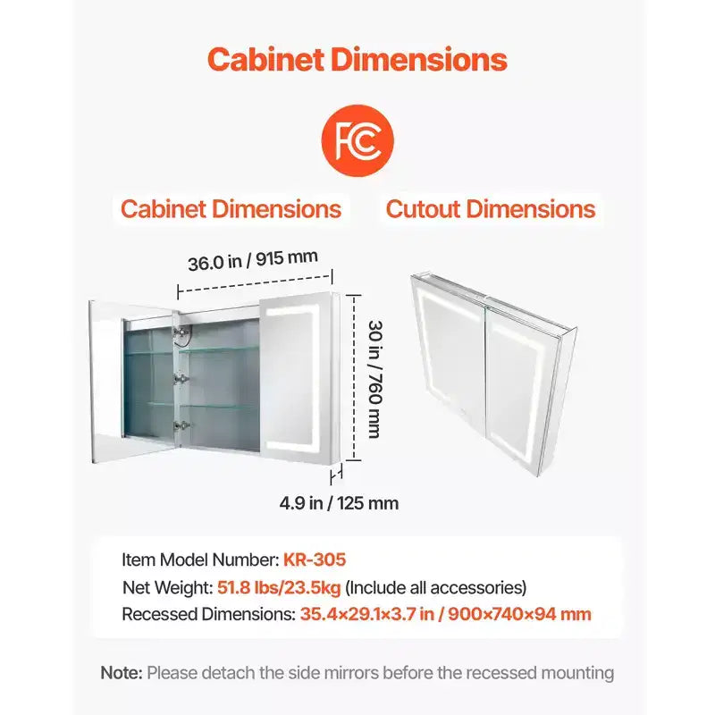 36x30-Inch Lighted Medicine Cabinet with Mirror, 3-Color Dimmable LED, Clock, Recessed or Wall Mount, White