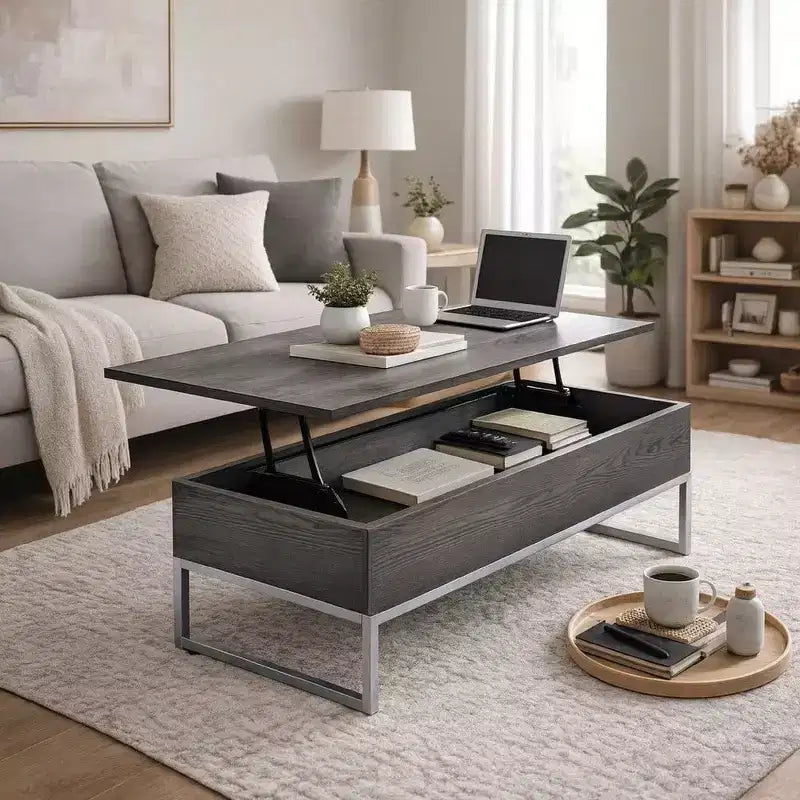 Hampton Style Wooden Coffee Table with Two Lift Tops and Metal Sled Leg Support, Gray and Silver