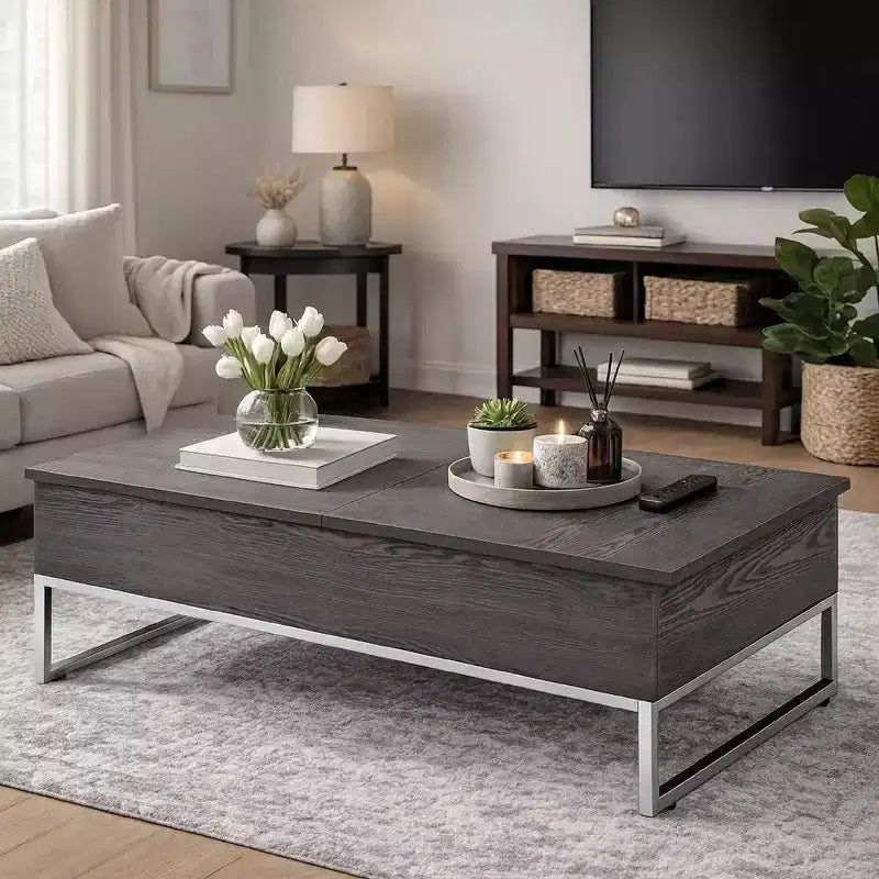 Hampton Style Wooden Coffee Table with Two Lift Tops and Metal Sled Leg Support, Gray and Silver