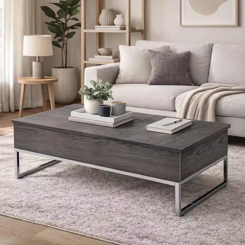 Hampton Style Wooden Coffee Table with Two Lift Tops and Metal Sled Leg Support, Gray and Silver