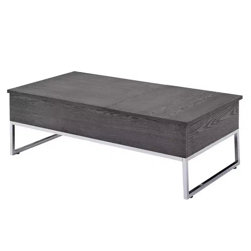 Hampton Style Wooden Coffee Table with Two Lift Tops and Metal Sled Leg Support, Gray and Silver
