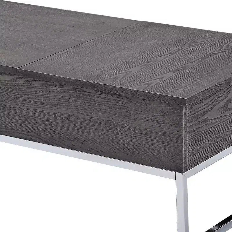 Hampton Style Wooden Coffee Table with Two Lift Tops and Metal Sled Leg Support, Gray and Silver