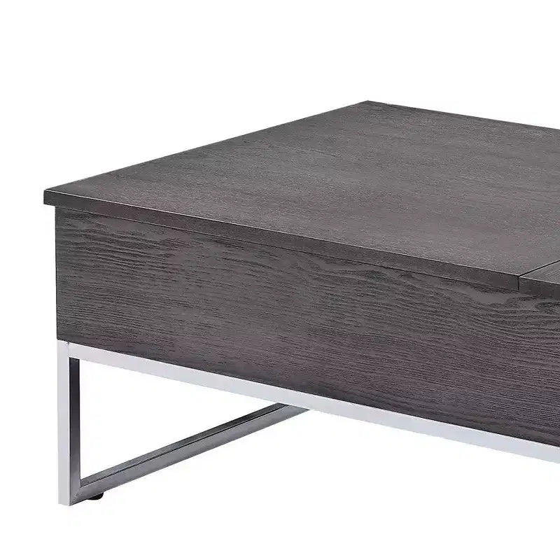 Hampton Style Wooden Coffee Table with Two Lift Tops and Metal Sled Leg Support, Gray and Silver