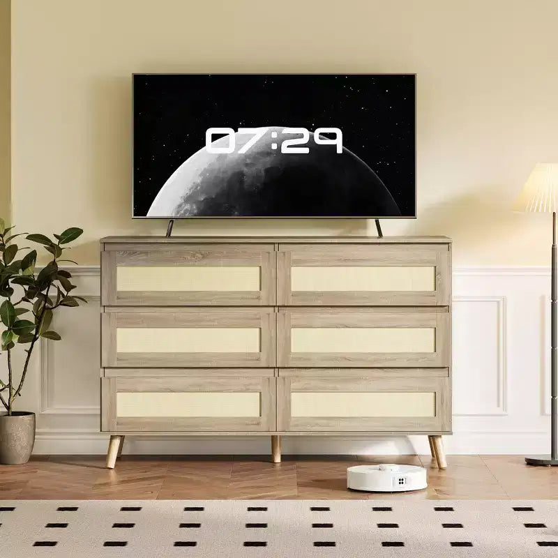 6-Drawer Rattan Dresser for Bedroom, Natural Chest of Drawers