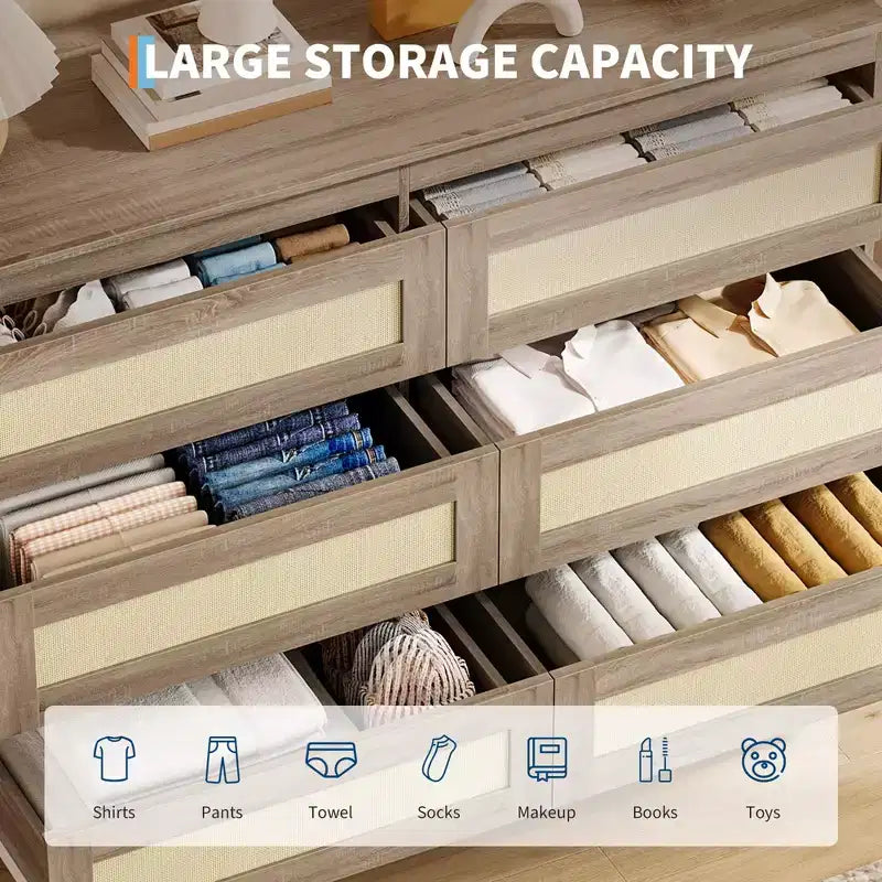 6-Drawer Rattan Dresser for Bedroom, Natural Chest of Drawers