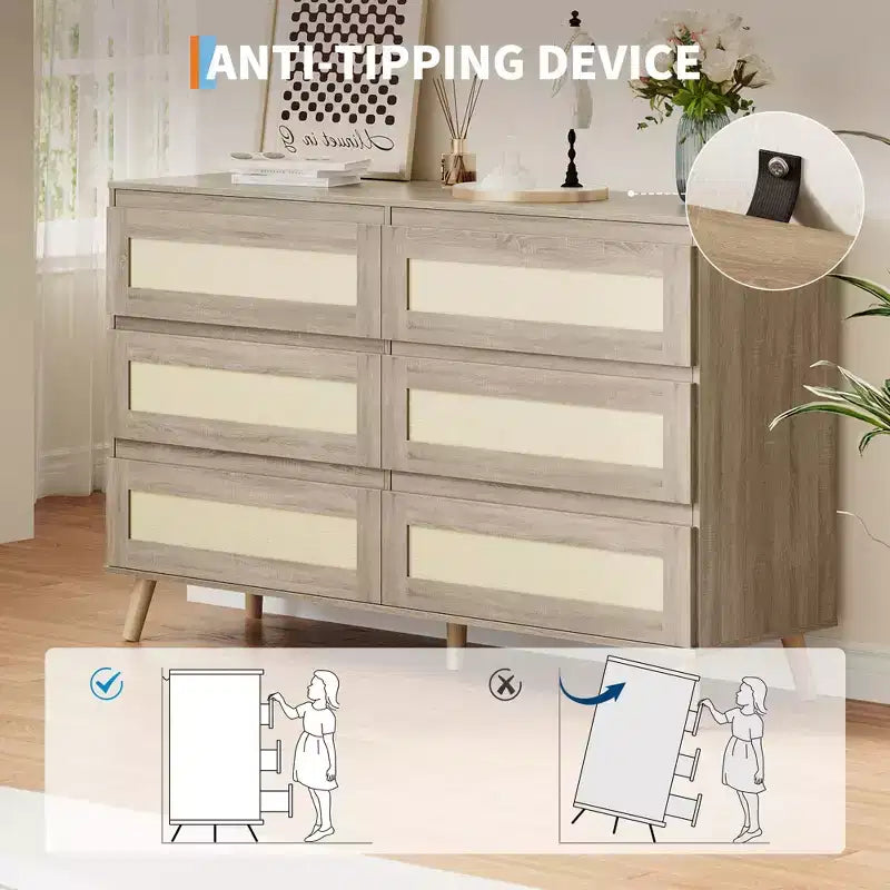 6-Drawer Rattan Dresser for Bedroom, Natural Chest of Drawers