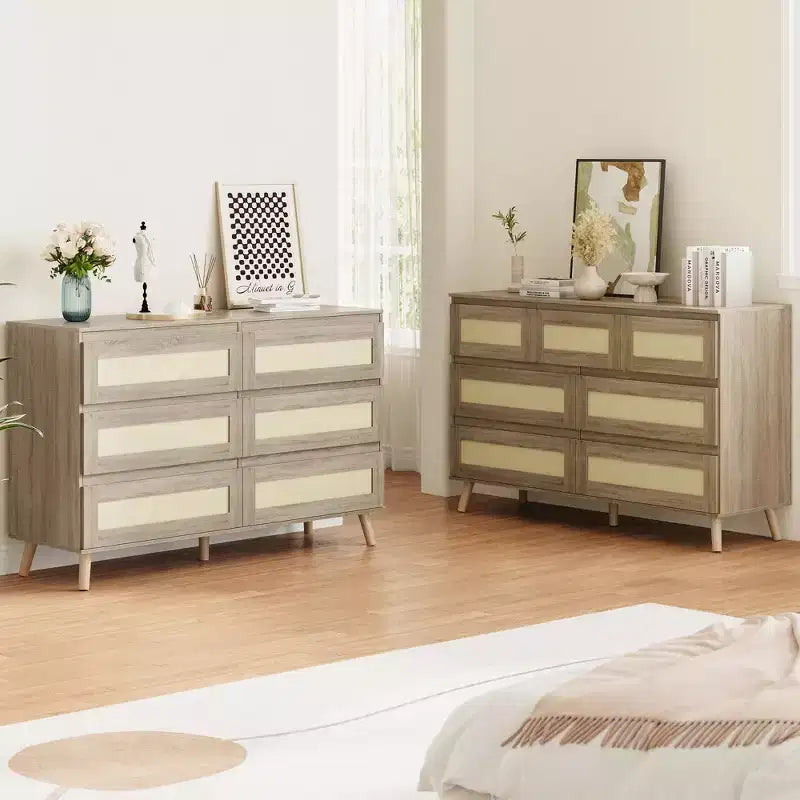 6-Drawer Rattan Dresser for Bedroom, Natural Chest of Drawers
