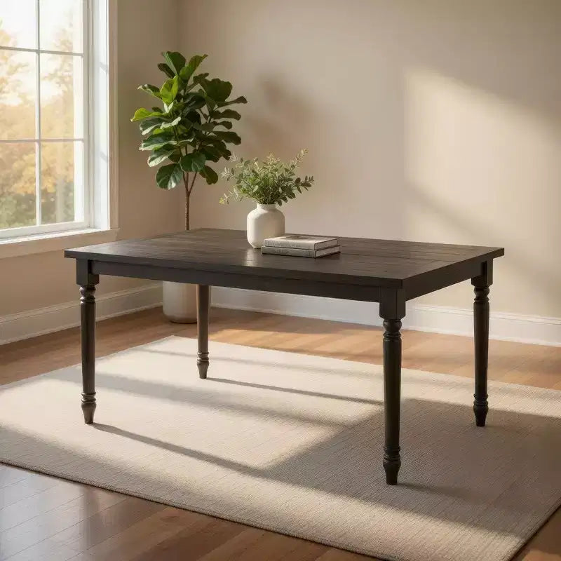 Hampton Style Wooden Dining Table with Rectangular Top and Turned Legs, Gray