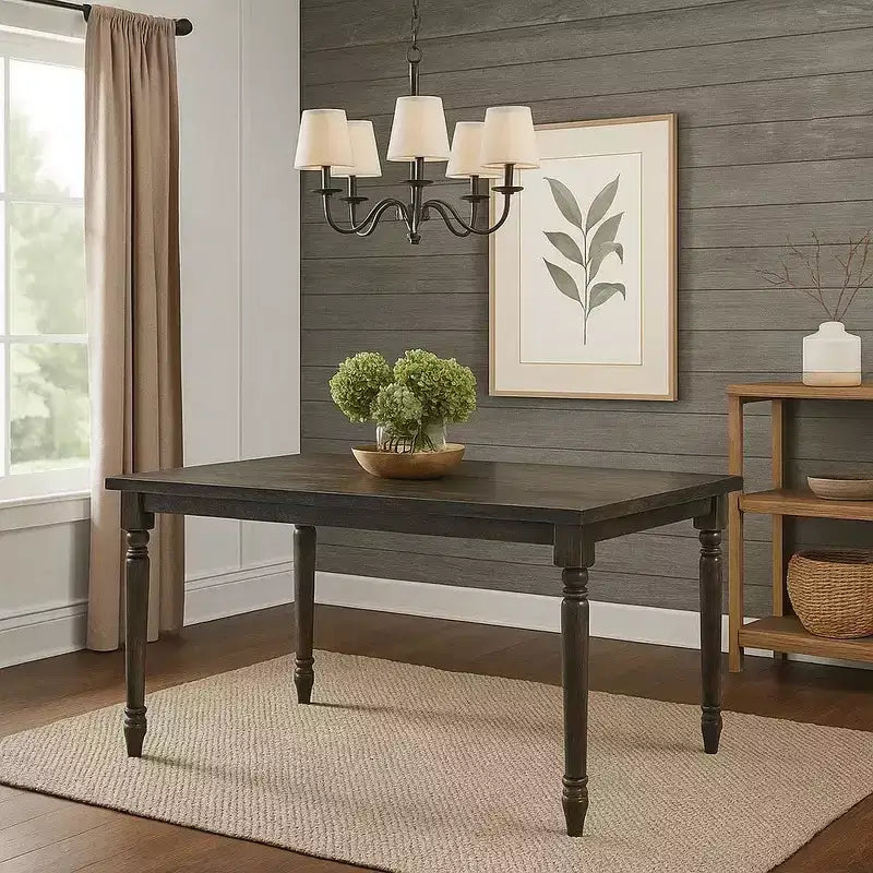 Hampton Style Wooden Dining Table with Rectangular Top and Turned Legs, Gray