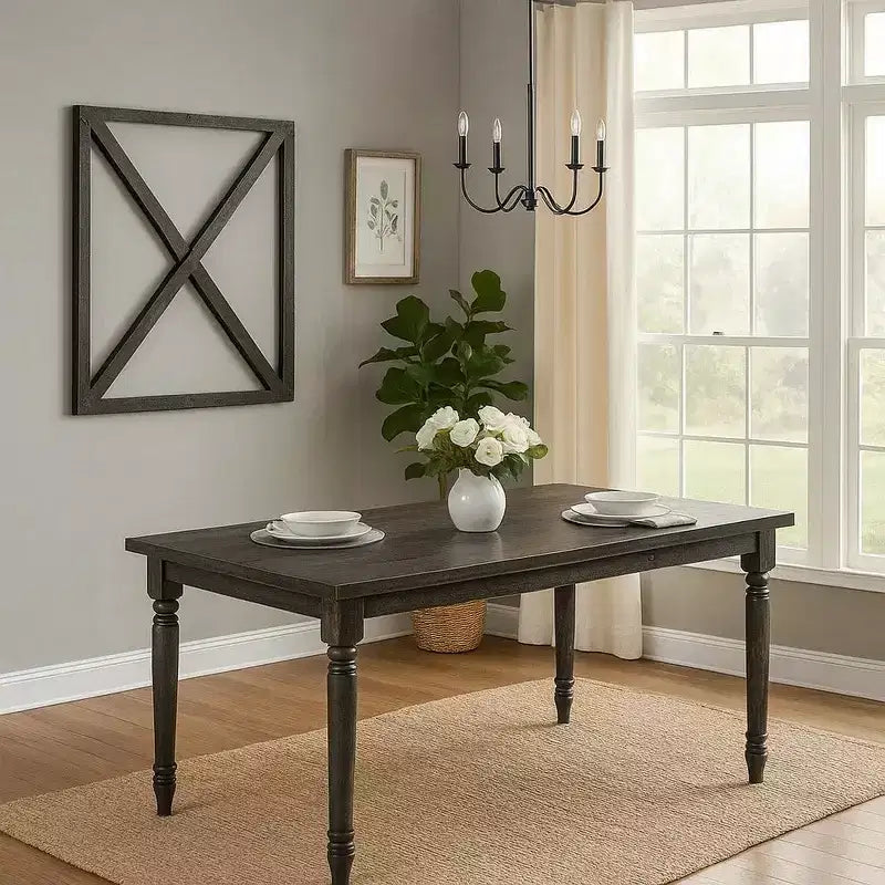 Hampton Style Wooden Dining Table with Rectangular Top and Turned Legs, Gray