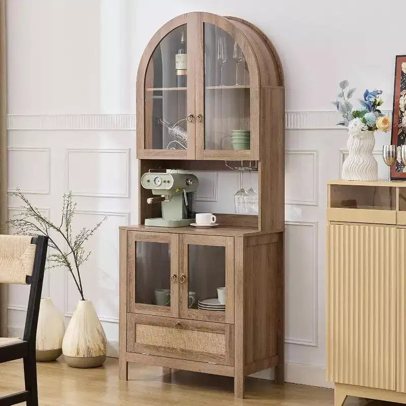 75-Inch Tall Arched Wood Kitchen Pantry Cabinet with Anti-Tipping Device and Innovative Drawer
